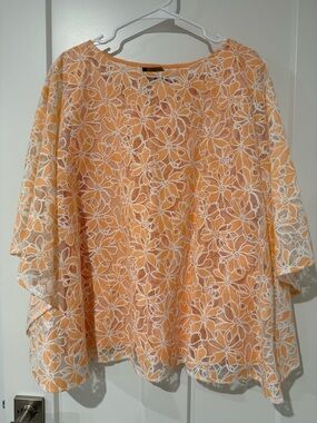 Bob Mackie Peach Blouse with White Floral Lace Overlay Wearable Art line